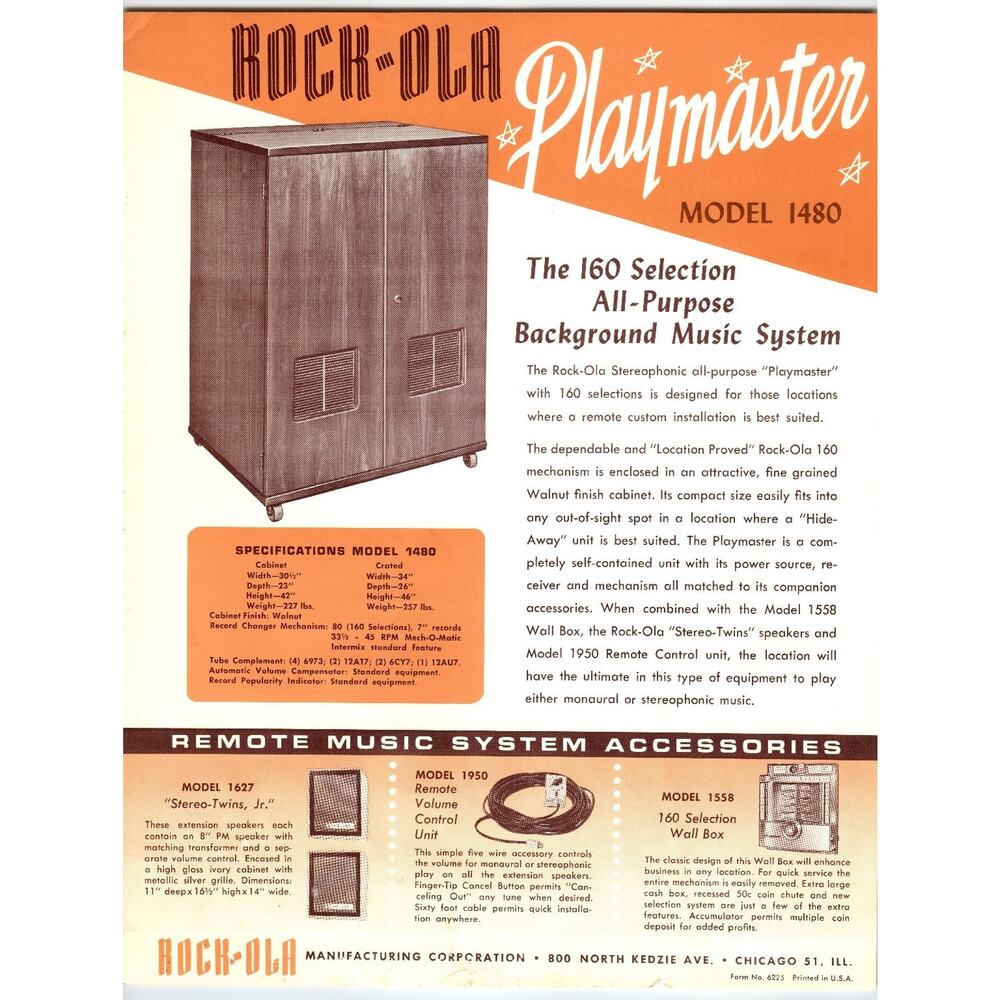 Vintage 1950s Rock-Ola Playmaster Model 1480 Music System Flyer